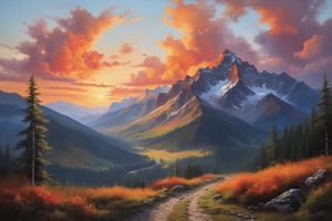 oil painting of Landscape painting of Beautiful photorealistic mountain scene at sunset, vibrant orange and red clouds, high-res, high detail, forested mountains, scattered high and low clouds, atmospheric lighting
