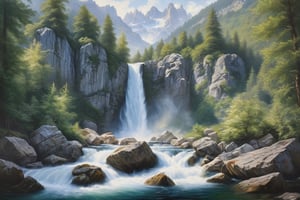 oil painting of Landscape painting of Imagine a detailed and photorealistic image of a cascading waterfall nestled in the heart of the Alps. The image should capture the dynamic movement of water droplets, the mist hanging in the air, and the rugged beauty of the surrounding rocks and vegetation. The waterfall should appear powerful yet serene, a testament to the unyielding force of nature