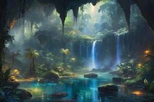 oil painting of Landscape painting, beautiful tropical rainforest in a cave, with crystals and pools with a waterfall and fireflies, everything looks like the planet Pandora, Avatar the way of water, the beauty of the countryside, fresh air in a busy world, cludy, Masterpiece, dark floral misty nature scene