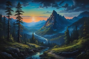 oil painting of Landscape painting of msoky mountain, deep South, forest, a lot of sky, vibrant, grim, romantic, night, eary glow, hystorical, intricate details, hyperdetailed, 4k, painting, trending on artstation