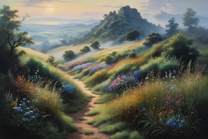 oil painting of Landscape painting, a hill with tall grass covered with bushes and wildflowers, dull colors, danger, fantasy art, by Hiro Isono, by Luigi Spano, by John Stephens, the beauty of the countryside, fresh air in a busy world, cludy, Masterpiece, dark floral misty nature scene