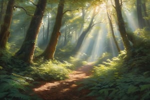 oil painting of Landscape painting, Visualize an ultra-photorealistic image of a dense forest bathed in the soft glow of sunlight filtering through the canopy. The image should capture the play of light and shadow on the foliage and forest floor, with rabbits and squirrels frolicking amidst the undergrowth. The forest should be teeming with life, the air filled with the sounds of rustling leaves and chirping birds.