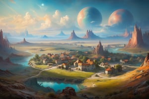 oil painting of Landscape painting of A beautiful vista of a breathtaking, alien world, with a small town of short buildings.