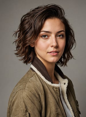 portrait photograph of women, (bedhead:0.8), (Sherpa-Lined Bomber Jacket:0.9), asymmetrical, satisfied, (brown eyes:0.8), detailed skin, (simple background:0.5), (looking away:1.3), ruffian, tough, (jubilant:1.1), clean shave
