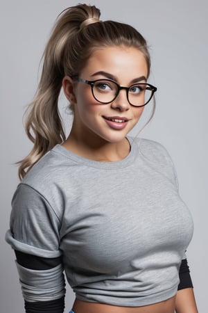 eyes shoot, Realistic high-contrast portrait of a mid-20s Caucasian female, engaging eyes, perfect rounded teeth, subtle muscle tone, wearing fitted vintage long sleeve heather grey T-shirt, rolled-up sleeves and shorts, developed thighs, long messy ponytail, bold high contrast, 2-color screen print, curvy and cute face, realism style, open mouth stare, wayfarer eye glasses, professional lightingl, ,photo r3al,r4w photo