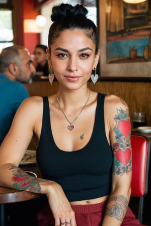 analog photo, Best quality, masterpiece, sit on chair, cropped knit tank-top, Sweatpants, beautiful face, looking at viewer, a Turkish woman in restaurant, half_smile, (heart tattoo on neck:1.2), earring, cute necklace, divine, dramatic, detailed, highly original, cinematic, colorful, deep colors, inspired
