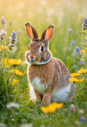 Exquisite quality, visual masterpiece, top-tier resolution, ultra-detailed, UHD sharpness, depth of scenery, rabbit, nestled in spring meadow, early morning, vibrant nature, soft morning haze, surrounding wildflowers, fluffy and textured fur, adjacent, sunbeam through morning mist, sparkling, (gentle sunlight:1.2), dewdrops on grass and fur.
