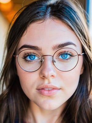 21 yo american instagram influencer, brunette, (wire rim glasses:1.4), blue eyes, capture this image with a high resolution photograph using an 85mm lens for a flattering perspective

