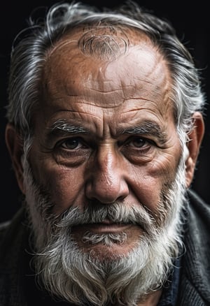"A portrait of an elder man, (intense eyes:1.3), thick grey beard, weathered face, (dramatic lighting:1.2), dark backdrop, high detail texture, penetrating stare, Nikon D850, 1/160s, f/4, ISO 640, warm and cool contrast, (character lines:1.1), raw emotion, profound depth,,photo r3al,r4w photo
