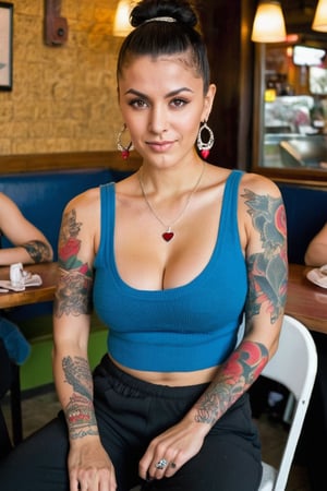 analog photo, Best quality, masterpiece, sit on chair, cropped knit tank-top, Sweatpants, beautiful face, looking at viewer, a Turkish woman in restaurant, half_smile, (heart tattoo on neck:1.2), earring, cute necklace, divine, dramatic, detailed, highly original, cinematic, colorful, deep colors, huge breast,inspired,cleavage,,p3rfect boobs