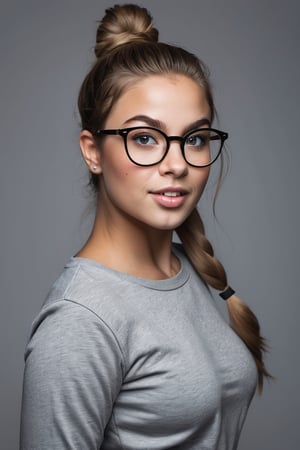 eyes shoot, Realistic high-contrast portrait of a mid-20s Caucasian female, engaging eyes, perfect rounded teeth, subtle muscle tone, wearing fitted vintage long sleeve heather grey T-shirt, rolled-up sleeves and shorts, developed thighs, long messy ponytail, bold high contrast, 2-color screen print, curvy and cute face, realism style, open mouth stare, wayfarer eye glasses, professional lightingl, 