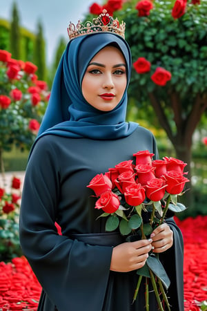 solo, full_body, 1girl, (((red rose))), queen, tiara, wearing muslim abaya, (((red rose garden decoration))), highly detailed, hyper realistic, with dramatic polarizing filter, vivid colors, sharp focus, HDR, UHD, 64K, 16mm, color graded portra 400 film, remarkable color, ultra realistic,1 girl,photo r3al,p3rfect boobs,r4w photo