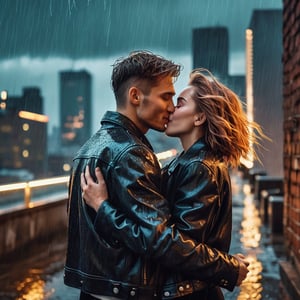 (embedding:SK_CINEMATIC.safetensors:0.8), Bustling cityscape, neon lights, blurred rain, skyscraper edge, hidden rooftop garden, weathered brick walls, vibrant blooms, (kiss of a women and a men:1.05), windswept wheat hair, stormy sea eyes, leather jacket rain, playful cheek streaks, rain-kissed smile,(stolen kiss:1.05),  city fade, intertwined embrace, lightning sparks
