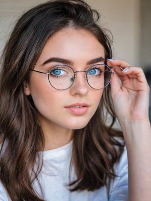 21 yo american instagram influencer, brunette, (wire rim glasses:1.4), [steel blue eyes], capture this image with a high resolution photograph using an 85mm lens for a flattering perspective
