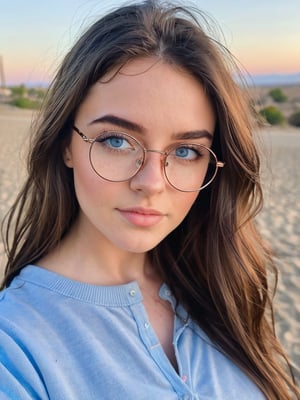 21 yo american instagram influencer, brunette, (wire rim glasses:1.4), blue eyes, capture this image with a high resolution photograph using an 85mm lens for a flattering perspective
