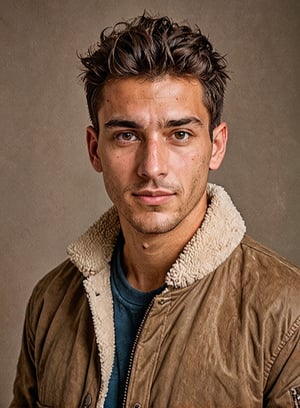 portrait photograph of handsome, (bedhead:0.8), (Sherpa-Lined Bomber Jacket:0.9), asymmetrical, satisfied, (brown eyes:0.8), detailed skin, (simple background:0.5), (looking away:1.3), ruffian, tough, (jubilant:1.1), clean shave
