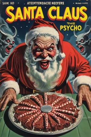 vintage sci-fi comic book cover of a very old santa claus as a scary demon in a feast of horror and laughing hard, (text that reads "SANTA THE PSYCHO") dramatic scene, mad man, crazy, mad eyes, screaming, blood everywhere, psycho, cinematic, front camera view, symmetric front view, ugly, charismatic, chains and webs, broken bad teeth , christmas theme, (masterpiece:1.2), (intricate details:1.0), illustration, flat colors, best quality, high quality, vibrant colors, ultra high res, professional artwork, 4k, 8k uhd, extremely intricate, extremely detailed, amazing, fine detail, rich colors, unrealengine, trending on artstation,absurdres, highres
,photo r3al