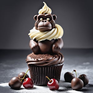 masterpiece, best quality illustration of delicious (cupcake Gorilla made of cake, whipped cream, chocolate, marzipan, icing, powdered sugar, cherries, Truffles:1.5), highly detailed, dynamic lighting, sharp focus, Timberwolf Gray colored details, solo, extremely detailed, zhibi ,,photo r3al,r4w photo
