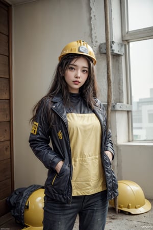 a beautiful and sensual young girl, with construction worker's clothes, yellow helmet, shovel in hand, on a construction site in an apartment, 16k UHD, extreme realism, ultra quality, maximum detail,Sexy Pose,VWGOLFMK2