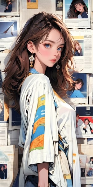 newspaper wall, looking at viewer, solo, shirt, earrings, upper body, jewelry, 1girl, scandal haruna