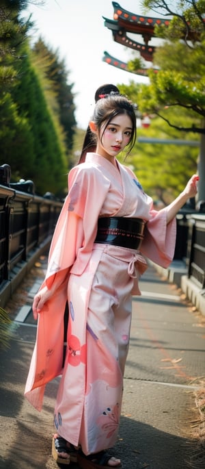 masterpiece, ultra 4k, make illustration japanese girl in pink color samurai style with kimono, perfect body shapes, big boobs, bokeh background, pant,chinatsumura, thin legs, 18 years old, outdoor with many trees, dark forest, lighting to the girl 