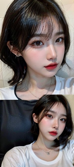 create a portrait of a korea girl with a beautiful face and supermodel figure, showing her elegance and temperament on the bathroom, creating a strong contrast with the background image behind her. brown short hair, dark brown eyes, blue, pink face makeup, white loose t-shirt, create a full body image, create earrings in her ears and a modest necklace around her neck

((Masterpiece, Best Quality)) ultra-high resolution pictures, crystal transparency, vivid artwork
super real, photography style, realistic style, cinematic filmmaker style,