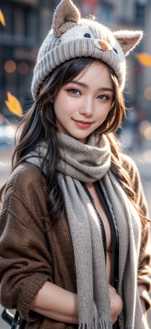 1girl, solo, simple background, Grey hair, hat, blur background, opened eyes, upper body, best smile, scarf, realistic, autumn clothes, cute animal hat
