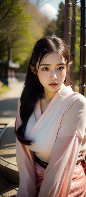 masterpiece, ultra 4k, make illustration japanese girl in pink color samurai style , perfect body shapes, big boobs, bokeh background, pant,chinatsumura, thin legs, 18 years old, outdoor with many trees, dark forest, lighting to the girl , natural makeup, lovely eyes, perfect face, little open mouth
