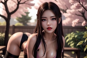 realistic, detailed face, sexy face, unity 8k wallpaper, solo, ultra detailed, beautiful and aesthetic, beautiful, masterpiece, best quality, (photorealistic:1.3), (realskin:1.3),(1girl, 18 y.o. gorgeous and beautiful sexy korean women:1.1), (kpop idol, korean/asian mixed), arms crossedunder breasts, sexy dark maroon lengerie, smooth tight lengerie, revealing, black pantyhose, black thigh high boots, blush, makeup, red lips, black eye liner, seductive, beautiful eyes, long auburn hair, long hair down to waist, full body shot, curvy breats, curvy hips, small waist, japaneese tea garden, under a pink glowing cherry blossum tree, pink leaves falling, sun setting, dynamic lighting, medium breasts, bust exposed, sexy lips, horny look, seductive, sexual, raining lightly, wet clothes, wet body, dark background, dynamic lighting, one hand through hair, seductive look, seducing, ,Photo realistic ,breast carry,undersized clothes,adjusting hair,1girl