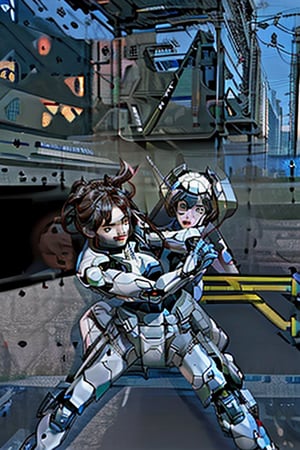 mach robot, 2 girl fighting in a city,BTR-80,Mecha