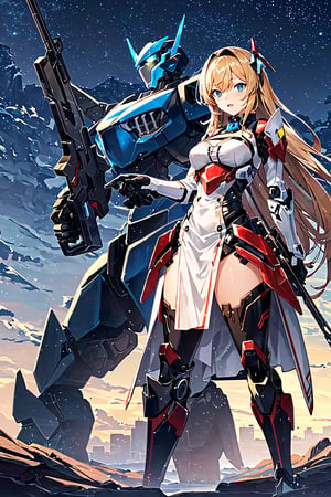 (masterpiece:1.4, best quality), (intricate details), unity 8k wallpaper, ultra detailed, intricate details, super complex details, ((2people)), (sexygirl_standing_beside_robot:1.2), asia girl, (perfect detailed face, detailed eyes, white dress,holding weapon),
BREAK
robot, (giant mecha, red and black armor, blue eyes, holding rifle), starry sky, skyline, Mecha