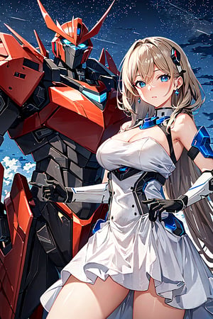 (masterpiece:1.4, best quality), (intricate details), unity 8k wallpaper, ultra detailed, intricate details, super complex details, ((3people)), (sexygirl_standing_beside_robot:1.2), girl, (perfect detailed face, detailed eyes, white dress),
BREAK
robot, (giant mecha, red and black armor, blue eyes, holding rifle), starry sky, skyline, Mecha