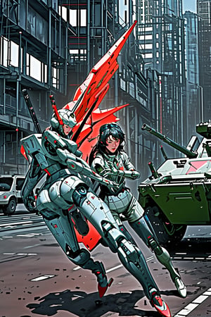mach robot, 2 girl fighting in a city,BTR-80,Mecha,mecha