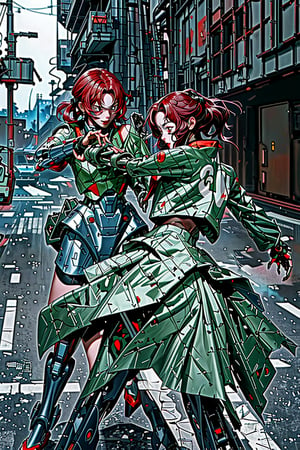mach robot, 2 girl fighting in a city,BTR-80,Mecha,mecha,yofukashi background