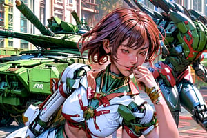 2 fighting mach robot, 3 sexy asia girl fighting in a city,BTR-80,Mecha,mecha,yofukashi background,oboro, ,mtu virus,RIBBON BANDAGE,F-22,T-90M,mature female
