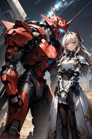(masterpiece:1.4, best quality), (intricate details), unity 8k wallpaper, ultra detailed, intricate details, super complex details, ((2people)), (girl_standing_beside_robot:1.2), girl, (perfect detailed face, detailed eyes, white dress),
BREAK
robot, (giant mecha, red and black armor, blue eyes, holding rifle), starry sky, skyline, Mecha