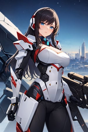 (masterpiece:1.4, best quality), (intricate details), unity 8k wallpaper, ultra detailed, intricate details, super complex details, ((2people)), (sexy girl_standing_beside_robot:1.2), girl, (perfect detailed face, detailed eyes, white dress),
BREAK
robot, (giant mecha, red and black armor, blue eyes, holding rifle), starry sky, skyline, Mecha