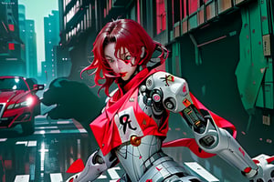 mach robot, 3 sexy girl fighting in a city,BTR-80,Mecha,mecha,yofukashi background