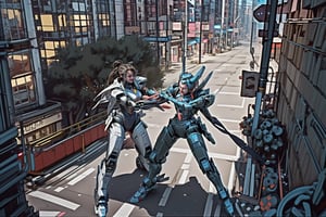 mach robot, 2 girl fighting in a city,
