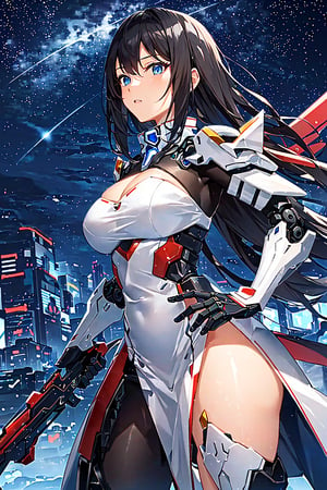 (masterpiece:1.4, best quality), (intricate details), unity 8k wallpaper, ultra detailed, intricate details, super complex details, ((2people)), (sexygirl asian_standing_beside_robot:1.2), asia girl, (perfect detailed face, detailed eyes, white dress,holding weapon),
BREAK
robot, (giant mecha, red and black armor, blue eyes, holding rifle), starry sky, skyline, Mecha