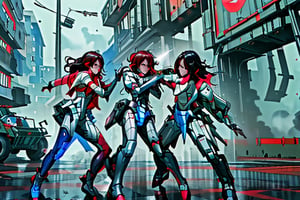 mach robot, 3 girl fighting in a city,BTR-80,Mecha,mecha,yofukashi background