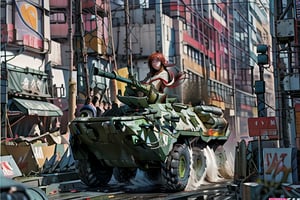 fighting mach robot, sexy asia girl fighting in a city,BTR-80,Mecha,mecha,yofukashi background,oboro, ,mtu virus,T-90M,mature female,gun,1GIRL RIAS_GREMORY,Aranea