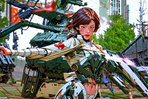 2 fighting mach robot, 3 sexy asia girl fighting in a city,BTR-80,Mecha,mecha,yofukashi background,oboro, ,mtu virus,RIBBON BANDAGE,F-22,T-90M,mature female,gun