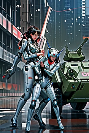 mach robot, 2 girl fighting in a city,BTR-80,Mecha,mecha