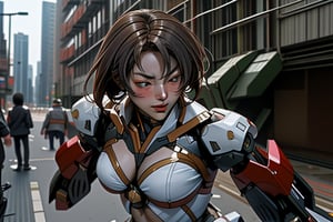 2 fighting mach robot, 3 sexy asia girl fighting in a city,BTR-80,Mecha,mecha,yofukashi background,oboro, ,mtu virus,RIBBON BANDAGE