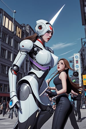 mach robot, 2 girl fighting in a city