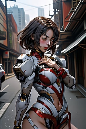 fighting mach robot, 3 sexy asia girl fighting in a city,BTR-80,Mecha,mecha,yofukashi background,oboro, ,mtu virus,RIBBON BANDAGE