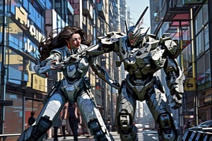 mach robot, 2 girl fighting in a city,