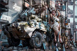 fighting mach robot, sexy asia girl fighting in a city,BTR-80,Mecha,mecha,yofukashi background