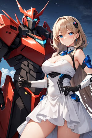(masterpiece:1.4, best quality), (intricate details), unity 8k wallpaper, ultra detailed, intricate details, super complex details, ((3people)), (sexygirl_standing_beside_robot:1.2), girl, (perfect detailed face, detailed eyes, white dress),
BREAK
robot, (giant mecha, red and black armor, blue eyes, holding rifle), starry sky, skyline, Mecha
